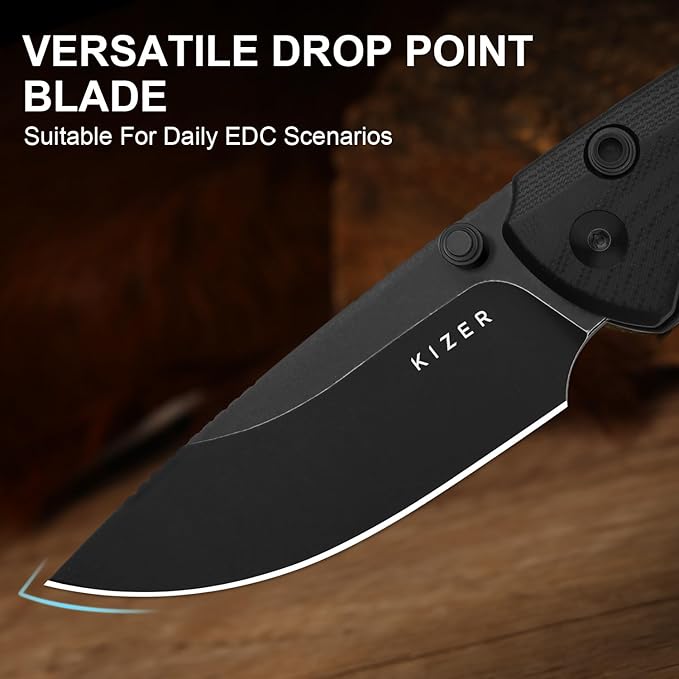 Kizer T1 BD EDC Pocket Knife 3.2 D2 Steel Drop Point Folding Knives with Black G10 Handle Thumb Stud Opener Button Liner Lock for Camping Hiking Fishing V3490.2BM1