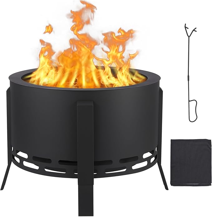 GarveeLife 26 in Smokeless Fire Pit with Ash Tray BaseSmokeless Outdoor Firepits with Adjustable Foot&ampFire PokerFirepit with Dust BagOutdoor Fire Pits for BBQBonfireCamping