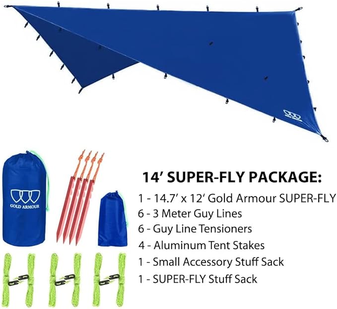 Gold Armour Rainfly Tarp Hammock Premium 14.7ft/12ft/10ft/8ft Rain Fly Cover Waterproof Ultralight Camping Shelter Canopy Survival Equipment Gear Camping Tent Accessories (Blue 14.7ft x 12ft)