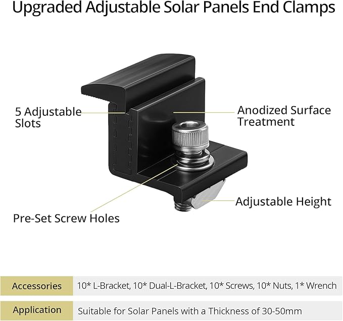 Anbte 10pcs Solar Panel Mounting Brackets 30-50mm Adjustable Aluminum Solar Panel End Clamp Include 10*Screw M8 and 1*Wrench Solar Mount Kit for Metal Roof Tin Roof Flat Roof Sheet Roof Black