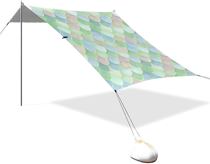 xigua Watercolor Scallop Beach Tent Sun Shelter with Carrying Bag - Silver Coated Oxford Fabric Beach Canopy for Beach Camping Fishing - Includes Windproof Ropes Sandbags &amp Stakes