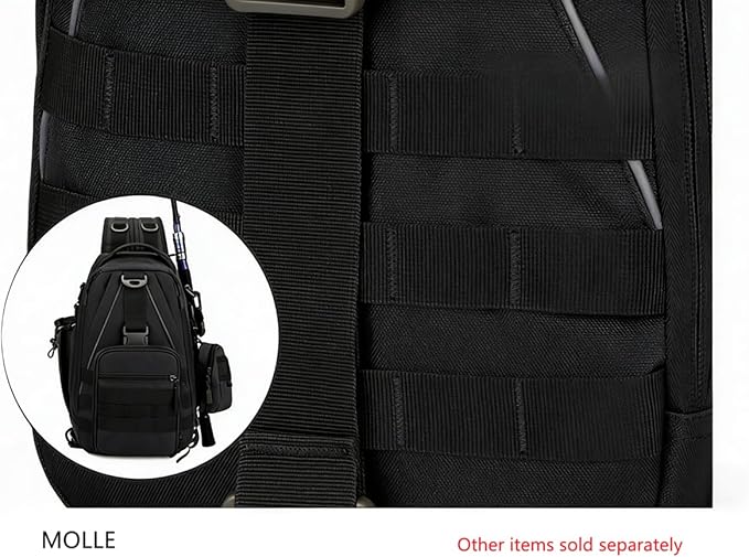 Mint &amp Moss Tactical Backpack for Men Water Resistant Tackle Backpack with Rod Holder &amp Tackle Box Kit Lightweight Sling Fishing Bag for Trekking Survival Camping Fitness Travel (Black)