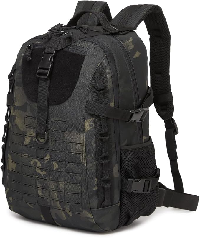 Military Tactical Backpack For Men Laser-Cut Molle Daypack 3 Day for HikingWorkingTravel (black camo)