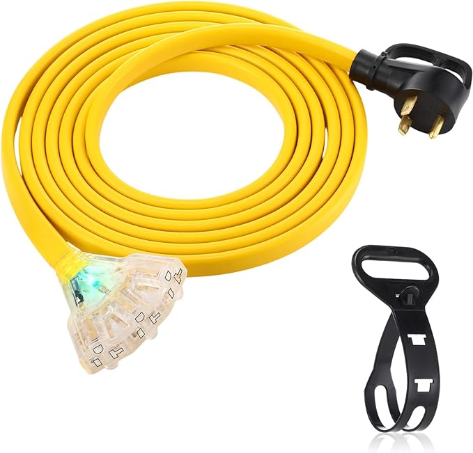 Tellegloww 15 FT Flat RV Generator Adapter Cord NEMA TT-30p to 3X 5-20R/5-15R 30A to 110V 15/20 A Household Outlet Adapter 10 Gauge Flat RV Generator Extension Cord Etl Listed Yellow