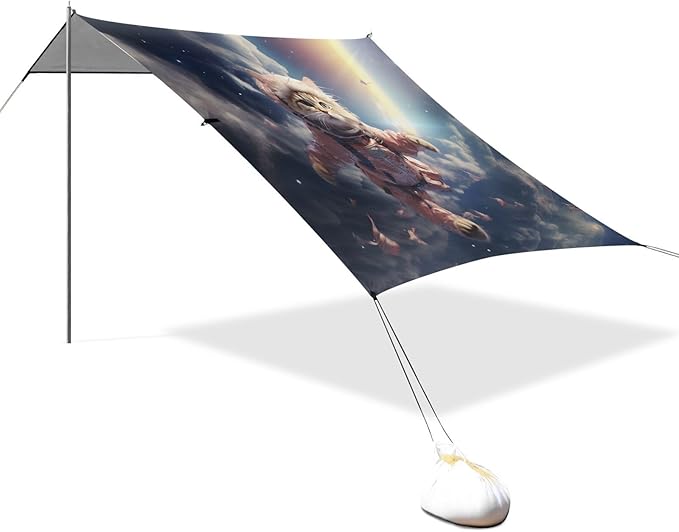 ALAZA Cat Astronaut Funny Beach Tent Sun Shelter UPF50+ Protection Beach Shade Canopy w/ 4 Sandbags for Outdoor Camping Fishing Backyard Fun Picnic 10x9 ft