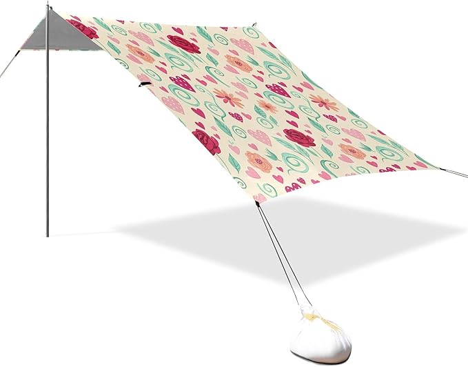 Rose Beach Canopy Sun Shelter with Sandbags &amp Sand Shovel &amp Windproof Ropes - Portable 110x126 Beach Shade Beach Tent for Camping Picnics
