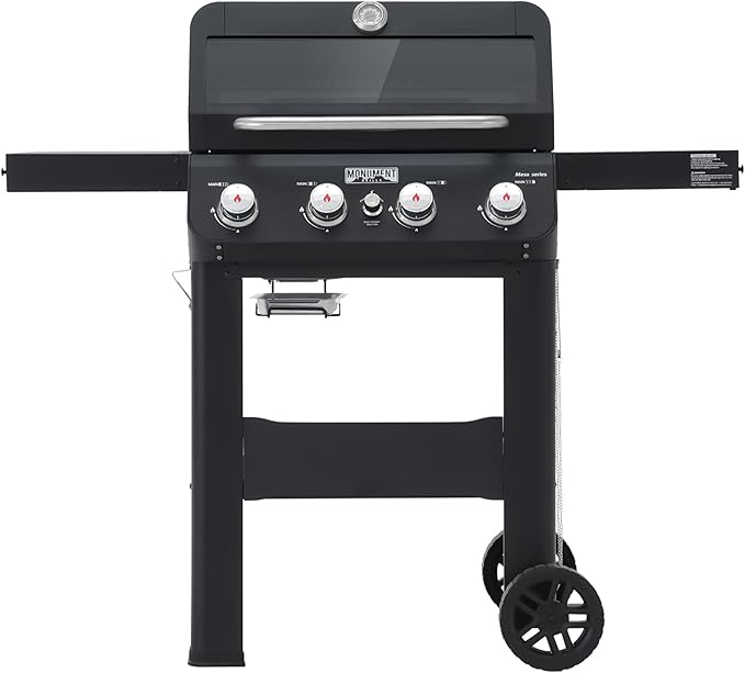 Monument Grills 4-Burner Liquid Propane Gas Grill Matte Black Stainless Steel Burner Grill with Clearview® Lid and One Foldable Shelf for Outdoor Cooking Kitchen Patio Backyard Barbecue Mesa420MF