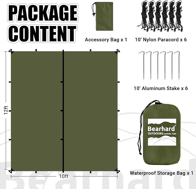 Bearhard Waterproof Camping Tarp Lightweight Hammock Rain Fly UV Protection and PU 3000mm Waterproof Backpacking Tarp Tent Footprint or Shelter Kit for Hiking and Outdoor Adventure