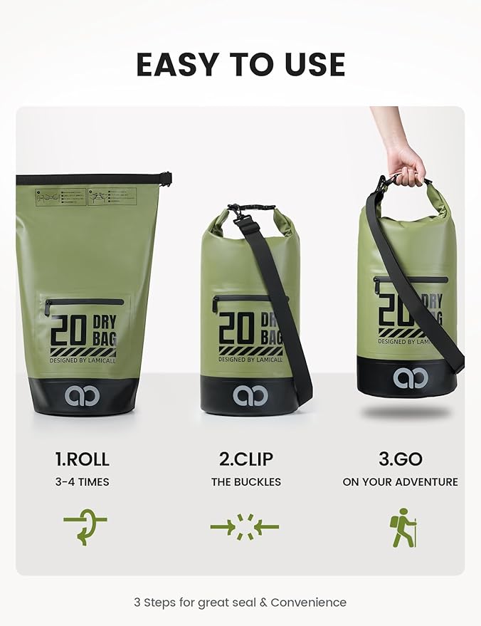 Lamicall 10L &amp 30L Dry Bag Waterproof Backpack - [Zippered Pocket] Roll Top Waterproof Bag Olive Green &amp Blueish Gray