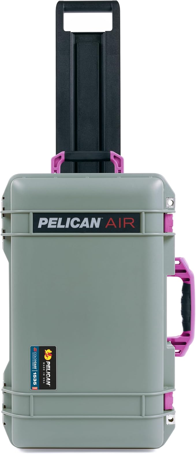 Pelican Air 1535 Carry-On Sage Green - Medium Size Waterproof Case with Pluck Foam Set and Lid Foam - Magenta Handles &amp Latches