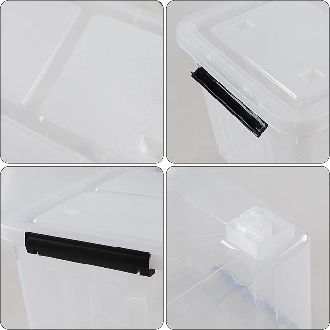 Zopnny 30 Quart Plastic Stacker Box Large Storage Bin Container with Latching Lids and Wheels for Home and Garage Organizing Shoes Tools Clear Base 4-Pack
