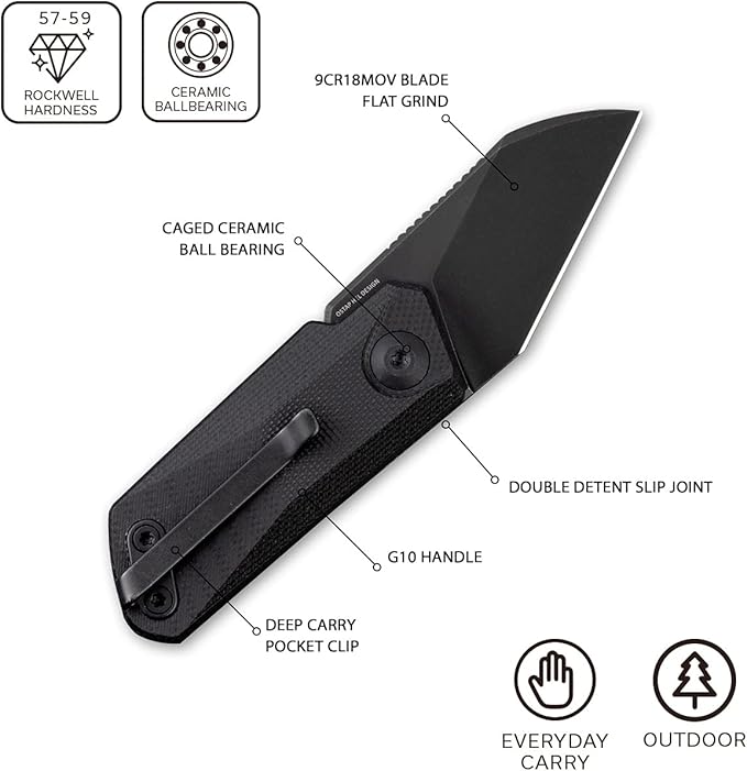 CIVIVI Ki-V Front Flipper Pocket Knife Double Detent Slip Joint Small Folding Knife with Deep Carry Pocket Clip For Easy EDC C2108B (Black)