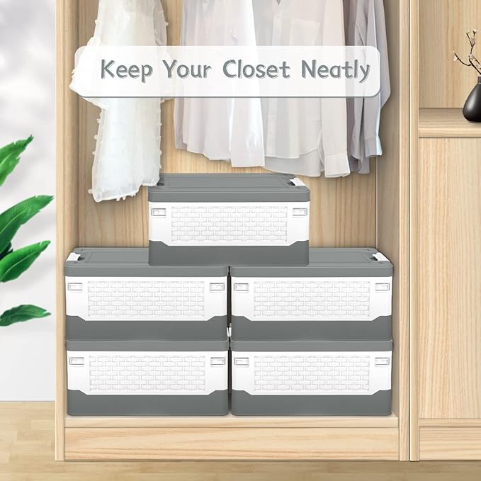 TOPCJ Foldable Storage Bins with LidsCloset OrganizerStackable Plastic Storage Containers with Secure Latching BucklesPerfect Organization for Homehome Office(Grey)