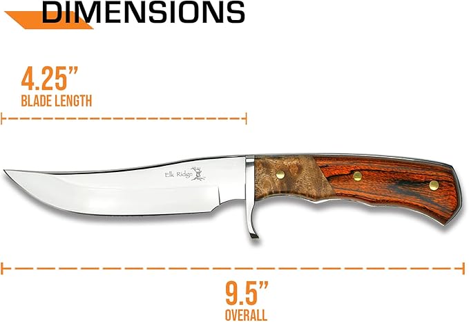 Elk Ridge - Fixed Blade Knife 9.5-in Overall Satin Finish Stainless Steel Blade 2 Tone burl Wood Handle Genuine Leather Sheath Hunting Camping Survival