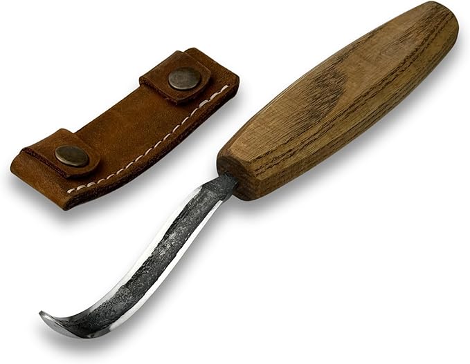 Sharky Spoon Carving Hook Knife with Long Curved Blade 2.7 in (7 cm) – Ergonomic Ash Wood Handle and Protective Leather Sheath for Precise Woodworking and Bowl Carving