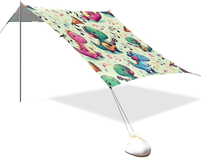 ALAZA Dinosaur Dino Music Beach Tent Sun Shelter UPF50+ Protection Beach Shade Canopy w/ 4 Sandbags for Outdoor Camping Fishing Backyard Fun Picnic 10x9 ft