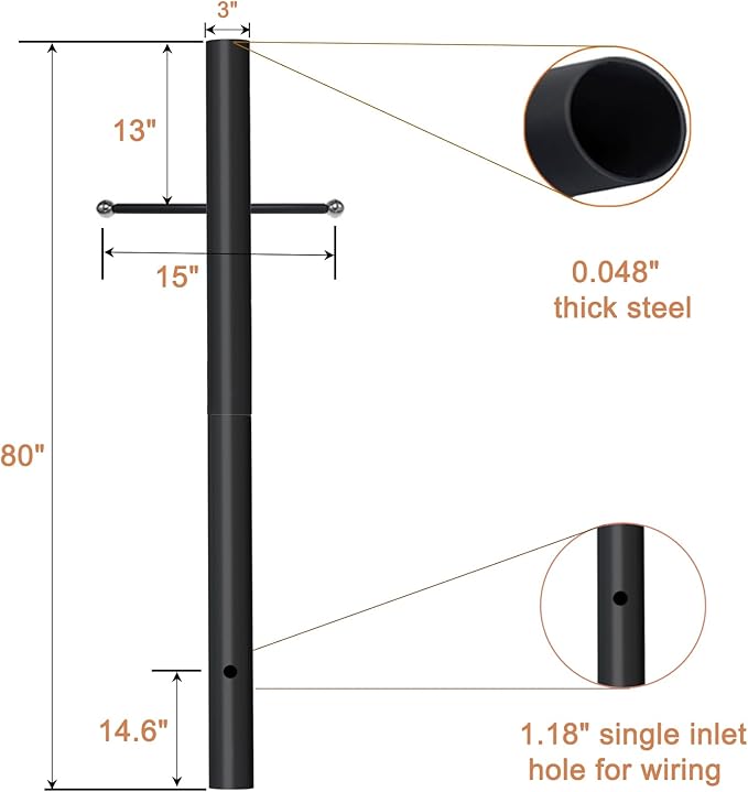 80 in. H x 3 in. Diameter Outdoor Lamp Post Cast Iron Cross Arm for Driveway Pathways Front Yard Weather Resistant Direct Burial Post in Black