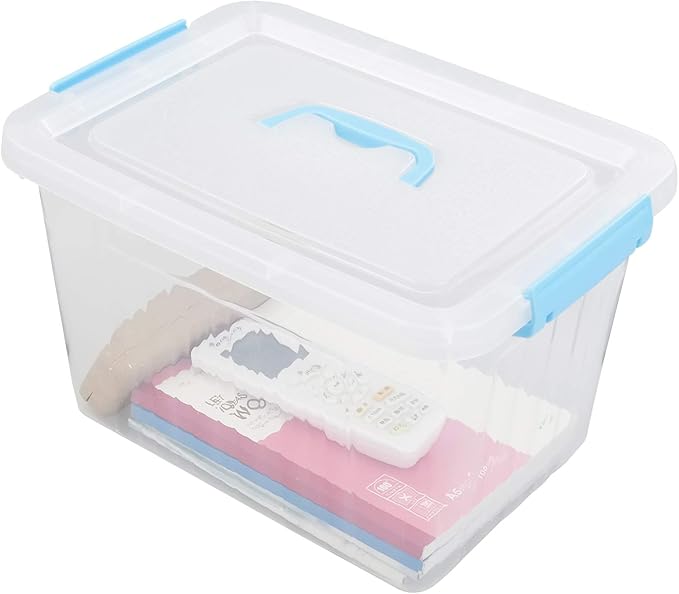 Hespama 12 Quart Storage Bin Plastic Latching Box/Container with Clear Lid Blue Handle and Latches 1 Pack