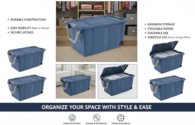 40 Gallon Heavy-Duty Rolling Storage Bins 2-Pack Blue Industrial Plastic with Pivot Handle Leakproof Lid &amp Latches for Garage Workshop Equipment Transport &amp Storage