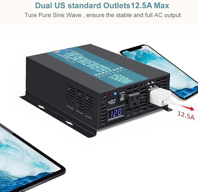 WZRELB 1500W 48V 120V Pure Sine Wave Power Inverter with 2 AC OutletsCar Inverter