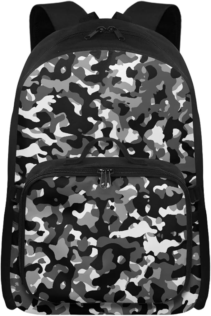 Grey Camo Backpack for Men Large Capacity Bookbag with Lunch Box for Outdoor Lightweight School Bag with Front Zipper Pocket for Travel Office