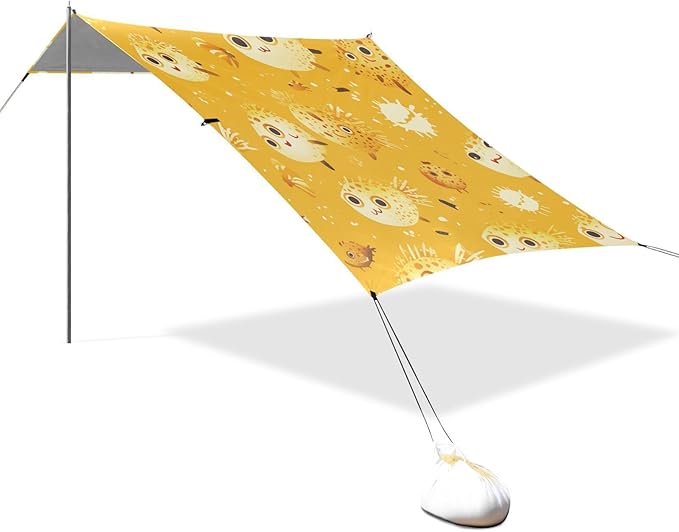 Cute Cartoon Puffer Fishs Stable Beach Tent UPF50 Easy Setup Large Sun Shelter with Sturdy Poles Sandbags and Shovel for Camping Fishing Backyard Fun