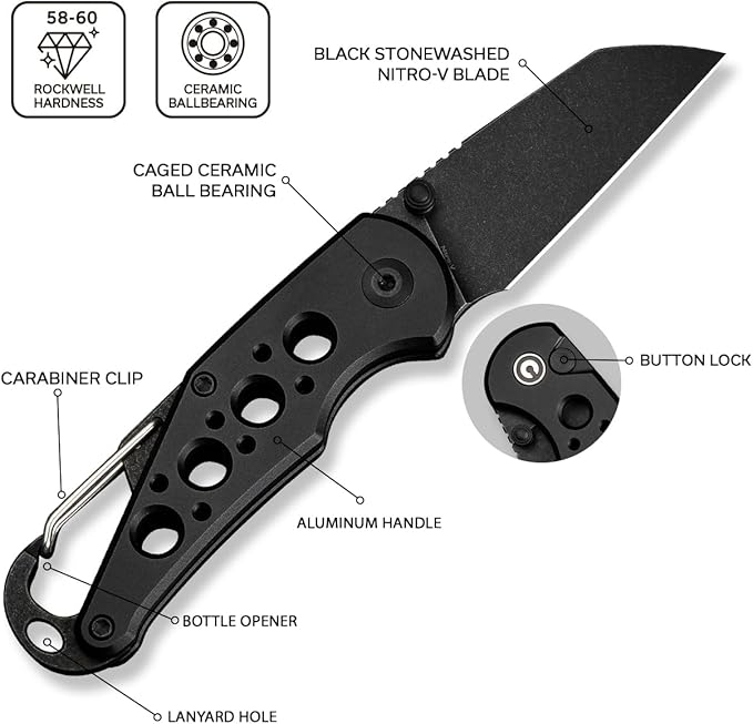 CIVIVI Pragma Folding Knife Pocket Knife Multitool with EDC Carabiner Bottle Opener 2.2 Nitro-V Blade Aluminum Handle Ideal Gift for Men Women C23062B-1 (Black)