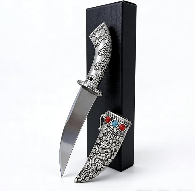 Fixed Blade Tanto Knife with Dragon Metal Sheath Compact Japanese Style Camping Knife Collectible EDC Knife with Gift Box for Men