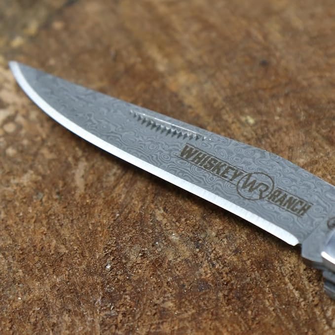 WHISKEY BENT HAT CO. Trapper &amp Locking Bullcutter Folding Pocket Knife 4.125 Closed Length 440C Stainless Steel Blades (Bandito - Damsascus Blades)