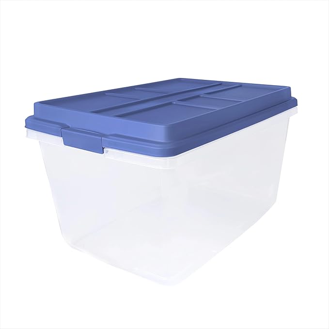 72 Quart Clear Storage Bin Latched Storage Container with Blue Lid