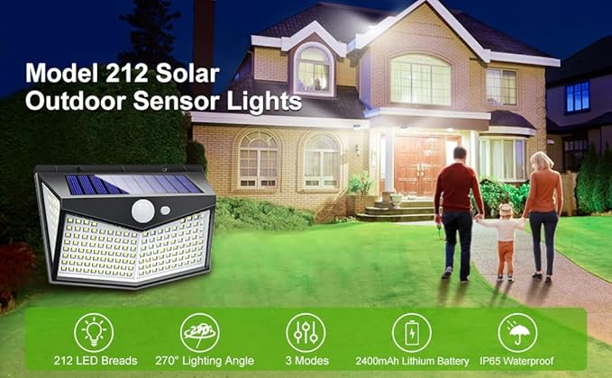 Solar Lights OutdoorUpgraded 212 LED/3 Modes Motion Sensor Security Lights w/270° Wide Lighting AngleIP65 Waterproof Wall Lights Solar PoweredBright for Yard Garden Outside (Solar Lights 2 Pack)