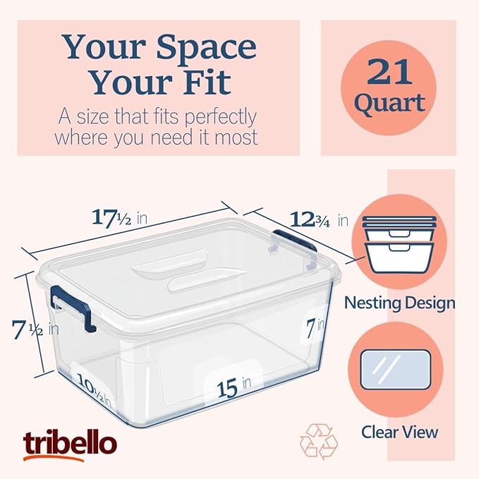 Tribello Plastic Storage Bins with Lids Clear Stackable Storage Containers - 21 Qt
