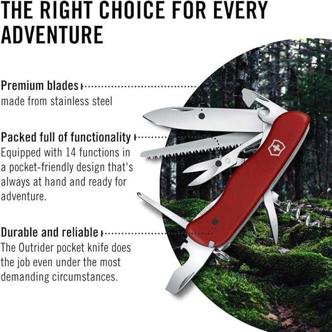 Victorinox Outrider Swiss Army Knife 14 Function Swiss Made Pocket Knife with Large Knife Corkscrew Scissors and 2 Screwdrivers - Red