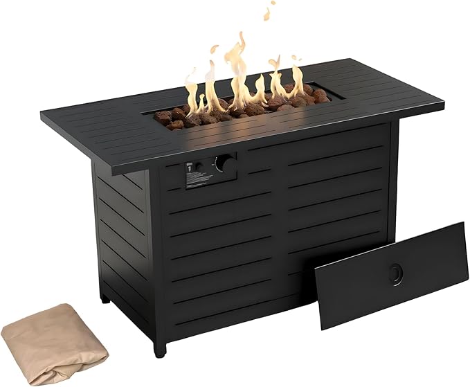 Kinger Home 42-Inch Ore Outdoor Propane Fire Pit Table 50000 BTU Powder-Coated Stainless Steel Patio Firepit with Lava Rocks Black