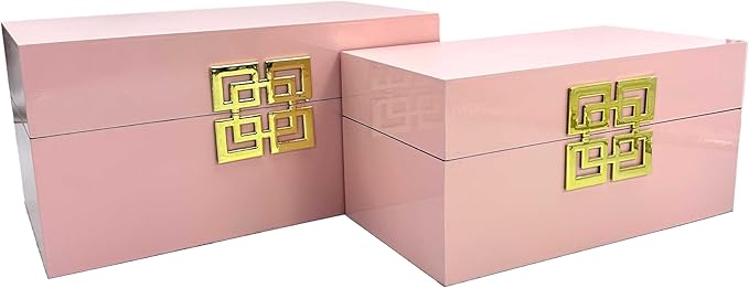 Galt International Storage Box Set Decorative Storage Box w/Hinged Lid Classic Design Wood Decor Boxes with Geometric Clasp Storage for Bedroom &amp Home - Set of 2 (Pink &amp Gold)