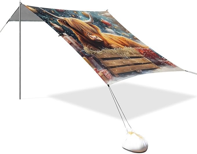 ALAZA Christmas Tree Highland Cow Beach Tent Sun Shelter Portable Canopy Sunshade for Outdoor Camping Picnics Backyard Fun 10x9 ft