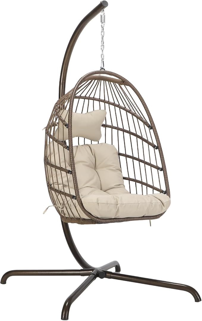 RADIATA Wicker Egg Swing Chair with Stand for Outside Outdoor Comfy Hanging Egg Patio Chairs with Thick Cushion 350Lbs Durable Swinging Rattan Chair for Bedroom Porch Backyard Balcony Brown Tan