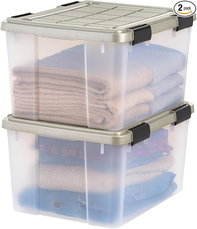IRIS USA 44 Qt Storage Bins with Gasket Seal Lid 2 Pack - BPA-Free Heavy Duty Moving Containers Tight Latch Weather Proof Tote WEATHERPRO - Clear/Chrome