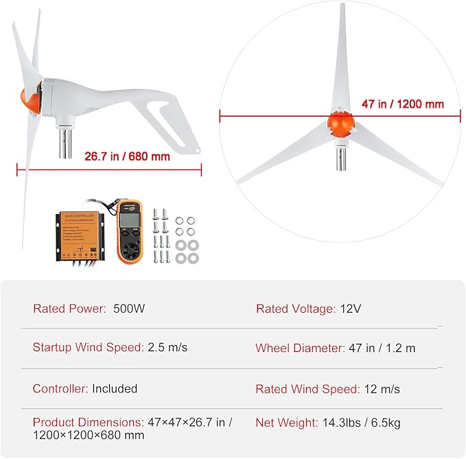 Happybuy 500W Wind Turbine Generator with Anemometer 12V Wind Power Kit 3-Blade Wind Generator MPPT Controller &amp Adjustable Windward Direction Ideal for Home Farm RVs Boats
