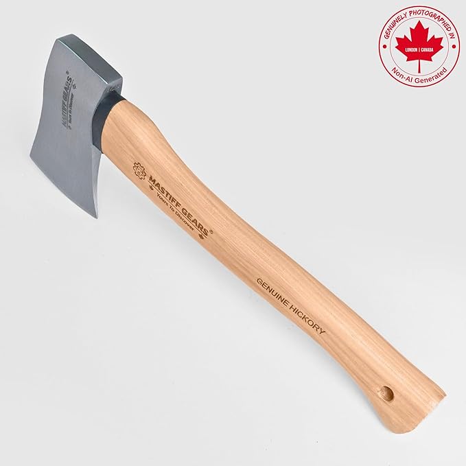 MASTIFF GEARS 1.25 lb Camp Axe - 14 Throwing Axe with 1055 Carbon Steel &amp North American Hickory Handle | Leather Sheath Included |1-Year Replacement Lifetime Limited Warranty