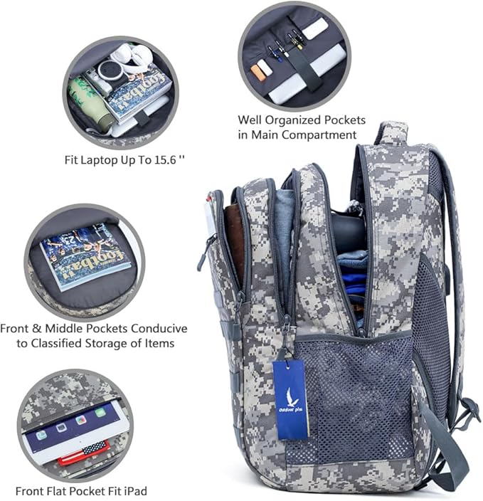 outdoor plus Camo BackpackMilitary Boys Backpacks for School40L Army Bookbag with USB Charging Port Waterproof