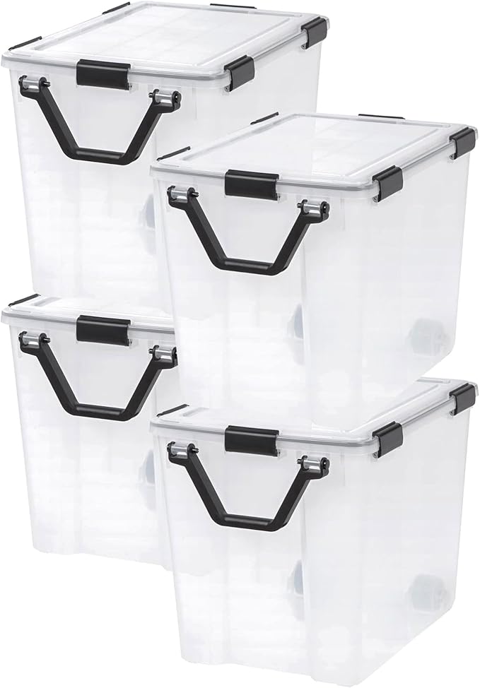 IRIS USA WeatherPro 103 Qt Storage Bins with Lids 4 Pack BPA-Free Plastic Gasket Box with Tight Latch and Seal Stackable Nestable Tote Tub - Clear/Black