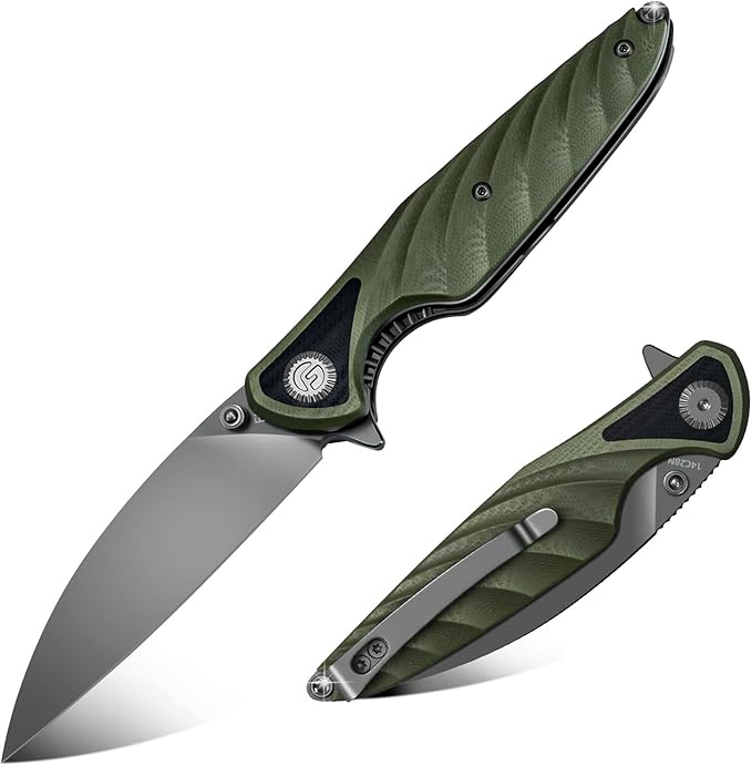 FINTISO Pocket Knife 3.15 Folding Knife Premium 14C28N Blade Bicolour Green and Black G10 Handle Design with Liner Lock Pocket Clip for Men Women Small EDC Knife for Camping Hunting Hiking Survi