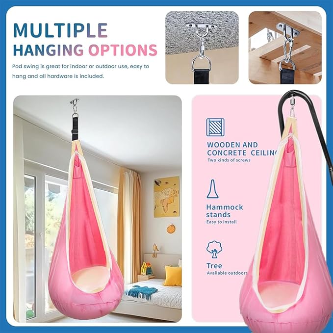 Light Up Swing Chair Hammock Chair Indoor Outdoor for Kids Pod with LED Lights Soft and Safe 176 lb. Load Capacity Easy Installation Perfect for Bedroom Garden and Playroom (Pink)