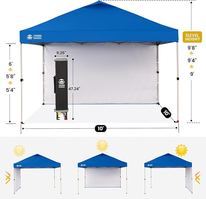 CROWN SHADES 10x10 Pop Up Canopy with 1 Side Wall - Beach Tent with One Push Setup - Outdoor Sun Shade for Events Parties Camping - Gazebo with STO-N-Go Cover Bag (Blue)
