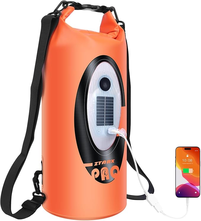 FELICON Solar/Battery Powered Multi-Functional Backpack with Bluetooth SpeakerIP66 Waterproof Dry BagHeavy Duty Roll Top ClosureLarge Capacity Bag for CampingHikingTraveling (Orange 10L)