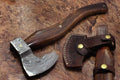 16 Inches Long Hand Forged Damascus Steel Tomahawk Axe Bearded Hiking Battle Axe Rose Wood Round Handle Large 5 Cutting Edge Thick Cow Hide Leather Sheath