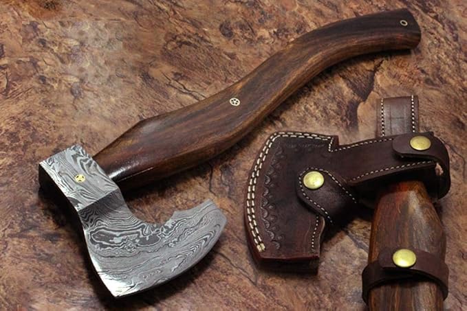 16 Inches Long Hand Forged Damascus Steel Tomahawk Axe Bearded Hiking Battle Axe Rose Wood Round Handle Large 5 Cutting Edge Thick Cow Hide Leather Sheath