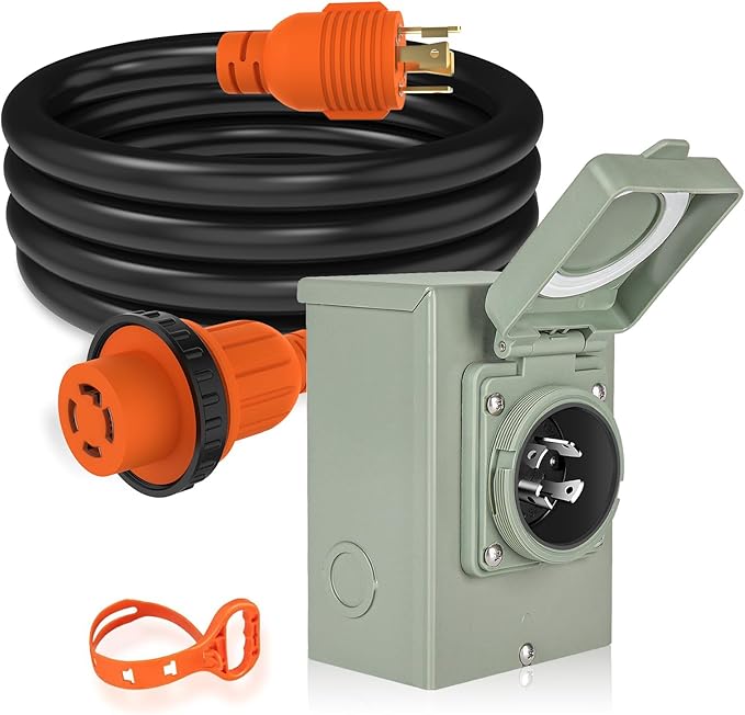 WELLUCK 30 Amp Emergency Power Combo Kit with L14-30P Inlet Box and 15 FT Power Cord 30A Generator Power Inlet Box NEMA L14-30P to L14-30R RV Power Extension Cord with Grip Handle ETL Listed