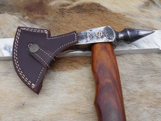 Damascus Depot Voyager Axe 15 Inches Long High Carbon Steel with Axe Head wit Walnut Wood Round Handle Bearded Hiking Battle Axe Thick Cow Hide Leather Sheath